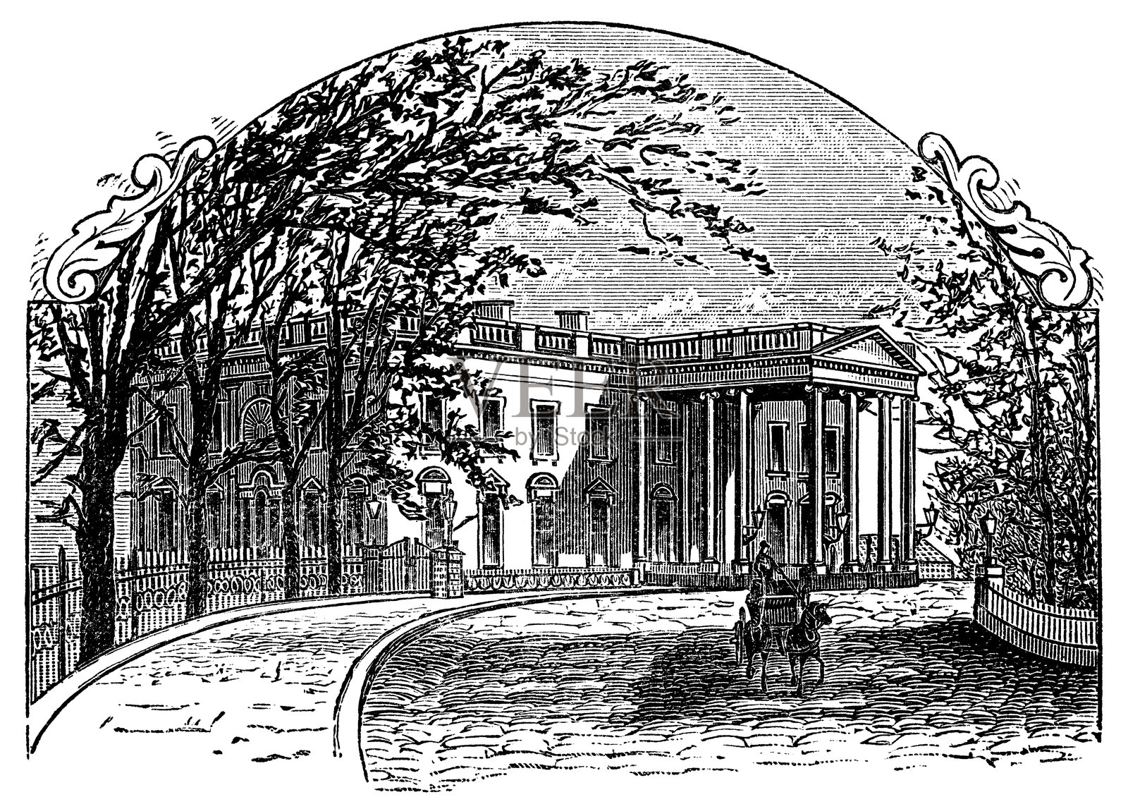 美国华盛顿特区的白宫 - 19世纪插画图片素材