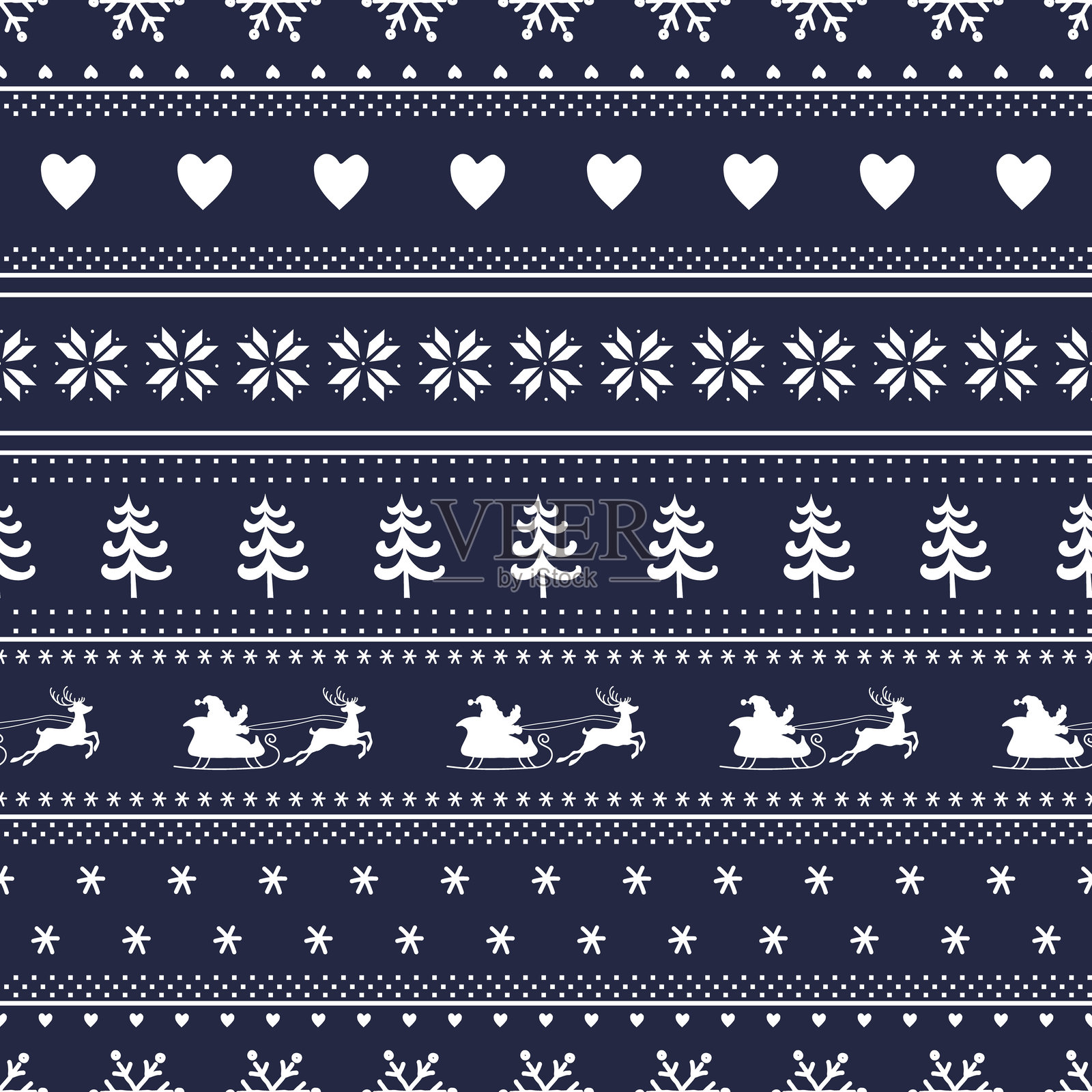 圣诞条纹图案，包含鹿、圣诞老人、冷杉树、心形和雪花。无缝印刷。深蓝色和白色的圣诞背景。插画图片素材