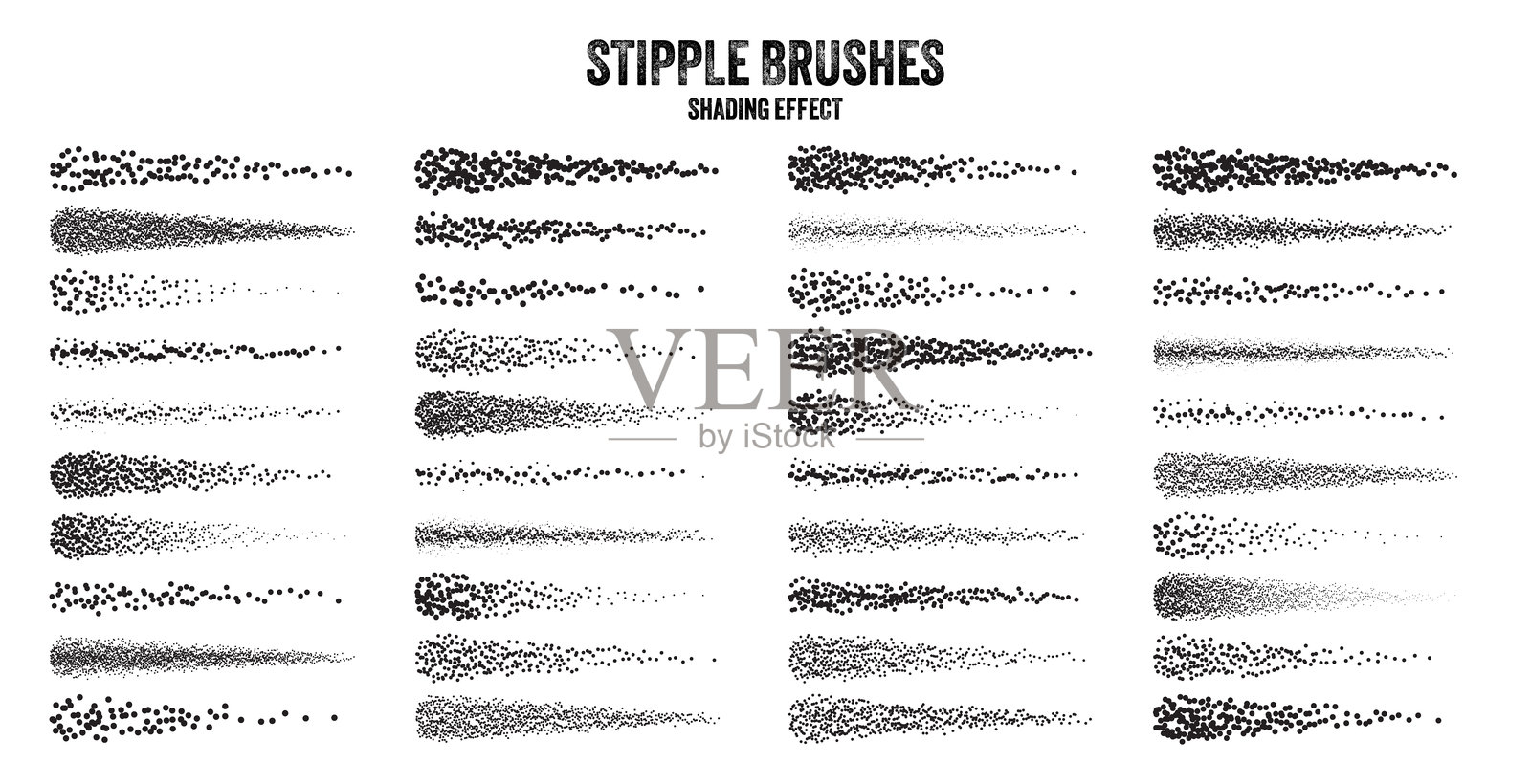 墨水散点画笔，点描绘画和纹理。渐变渐淡。点描、点状绘画，使用点进行阴影处理。半色调解体效果。白噪声颗粒纹理。矢量插图插画图片素材