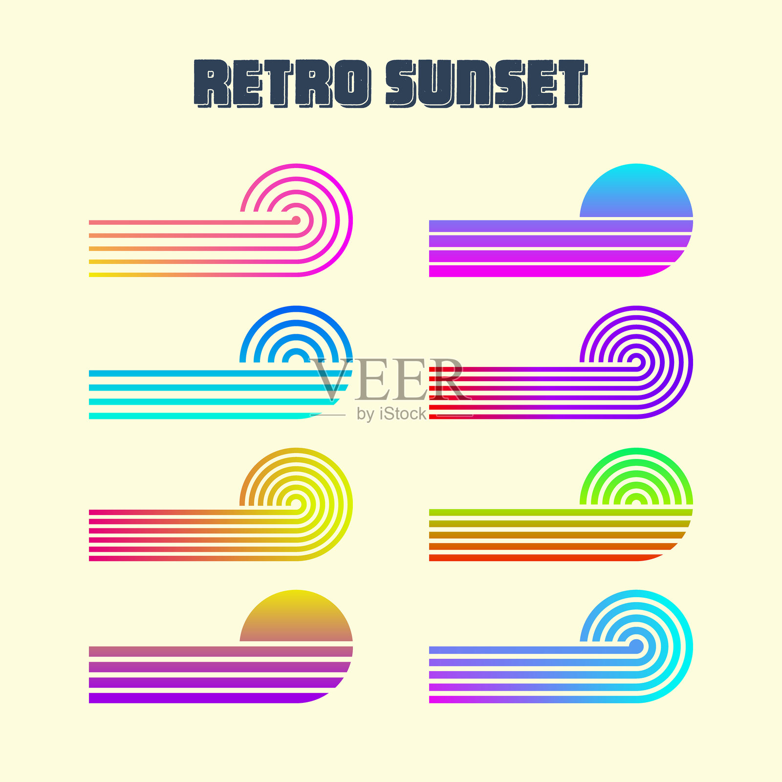 复古多彩的日落。各种80年代和90年代风格的渐变条纹日出徽章。阳光和海洋景观，夏日氛围，冲浪。适用于印刷、标志或T恤的设计元素。矢量插图。插画图片素材