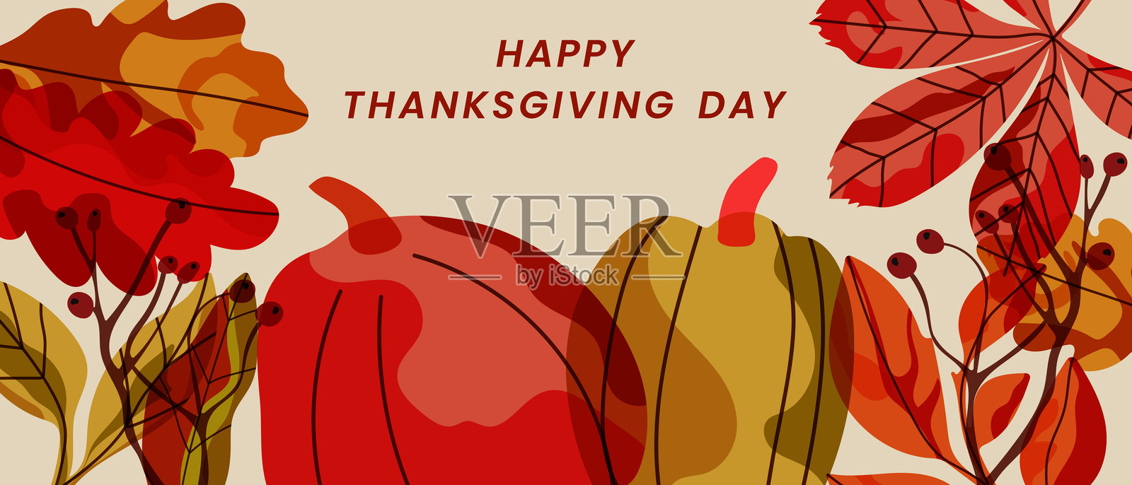 感恩节快乐，带有红色和黄色南瓜的横幅。五彩斑斓的秋季树叶和浆果，适用于数字使用或打印的节日背景设计。插画图片素材