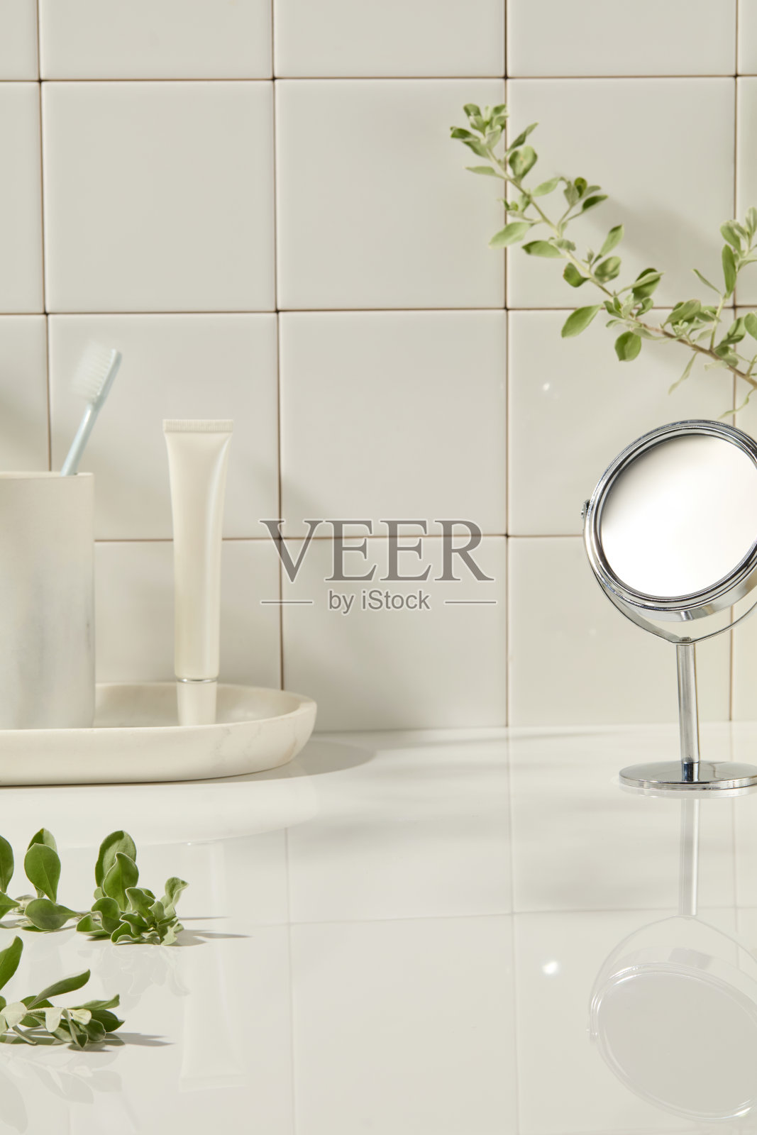 白色泵瓶和护肤工具整齐地摆放在奶油色瓷砖台面上。绿色植物柔和了背景，为标签叠加或样机用途留出了空间。照片摄影图片