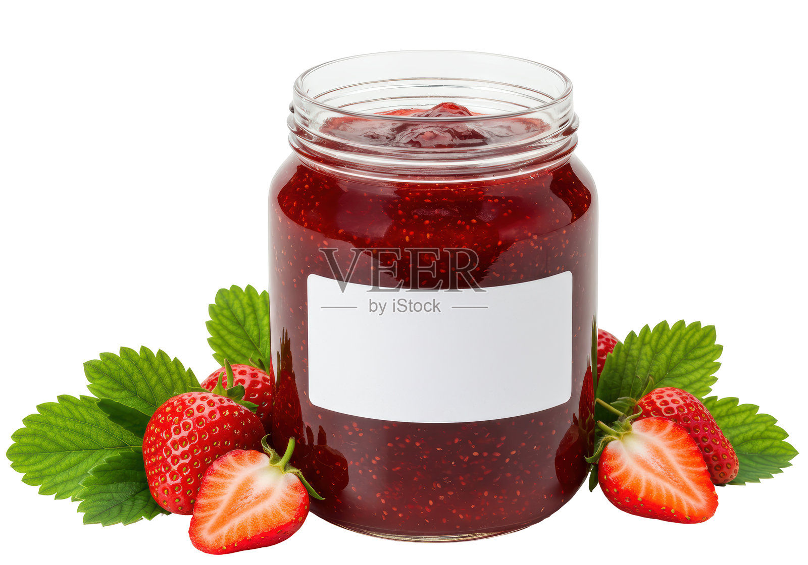 自制草莓果酱，搭配新鲜浆果和空白标签照片摄影图片