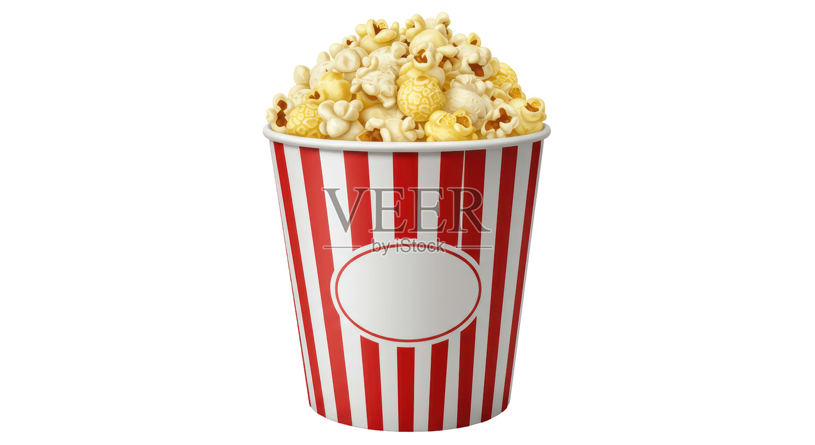 孤立的条纹爆米花桶，带空白标签照片摄影图片