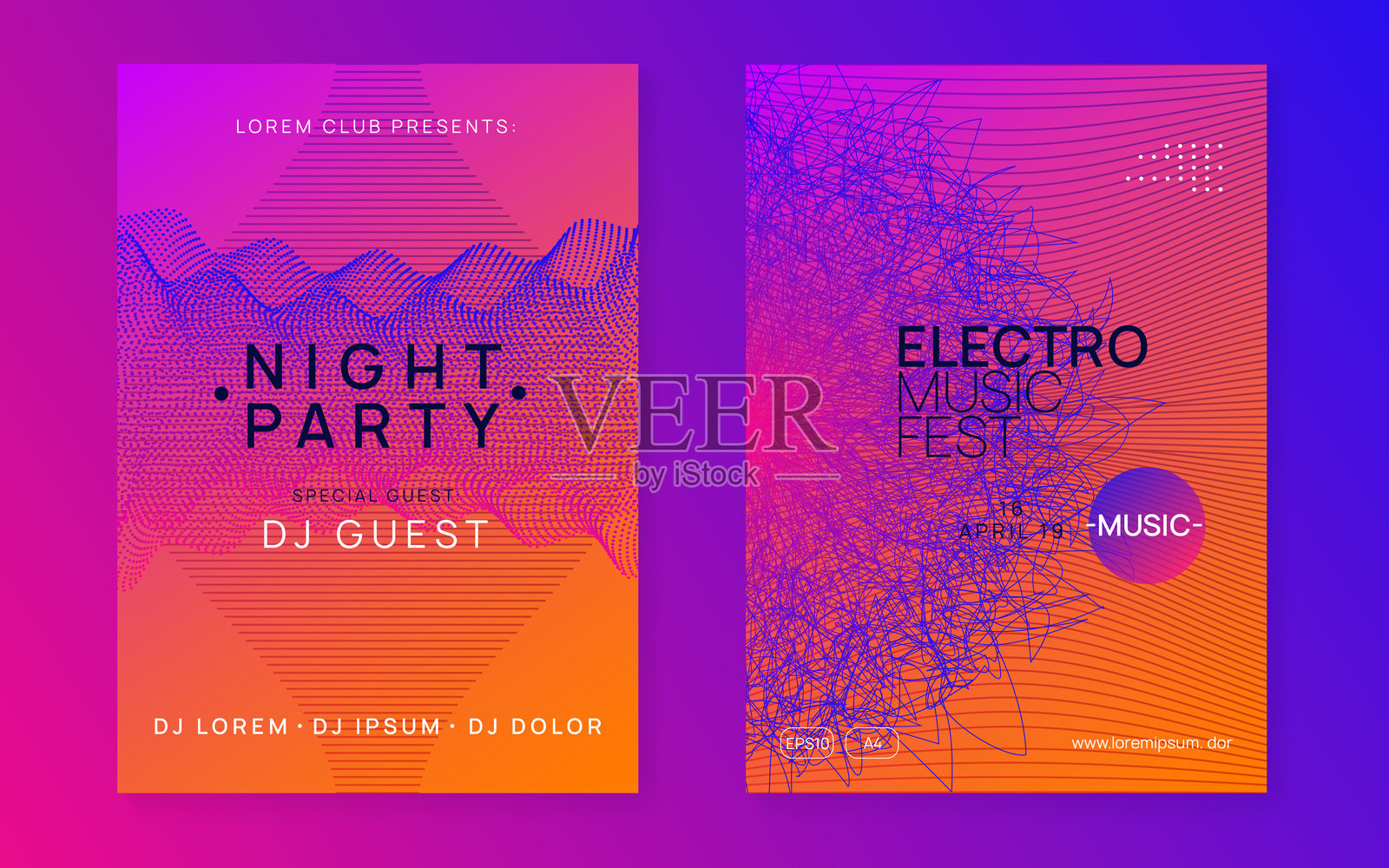 迪斯科杂志。节日设计。粉色派对活动。蓝色夜总会横幅。声波迪斯科插图。迷幻邀请函。舞蹈电子图形。紫色迪斯科杂志。插画图片素材