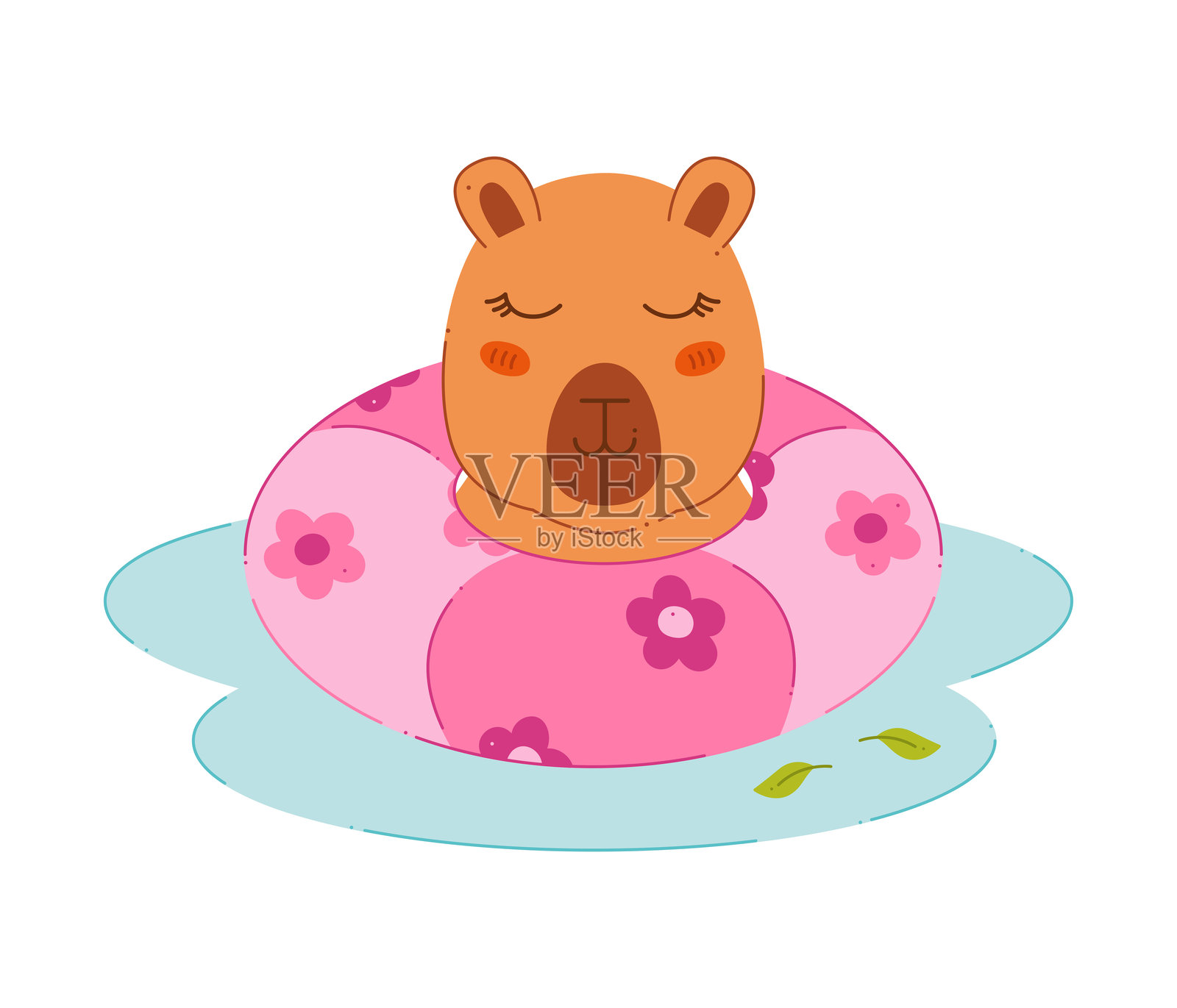 可爱的水豚在水中玩游泳圈。适合您项目的彩色剪贴画。插画图片素材