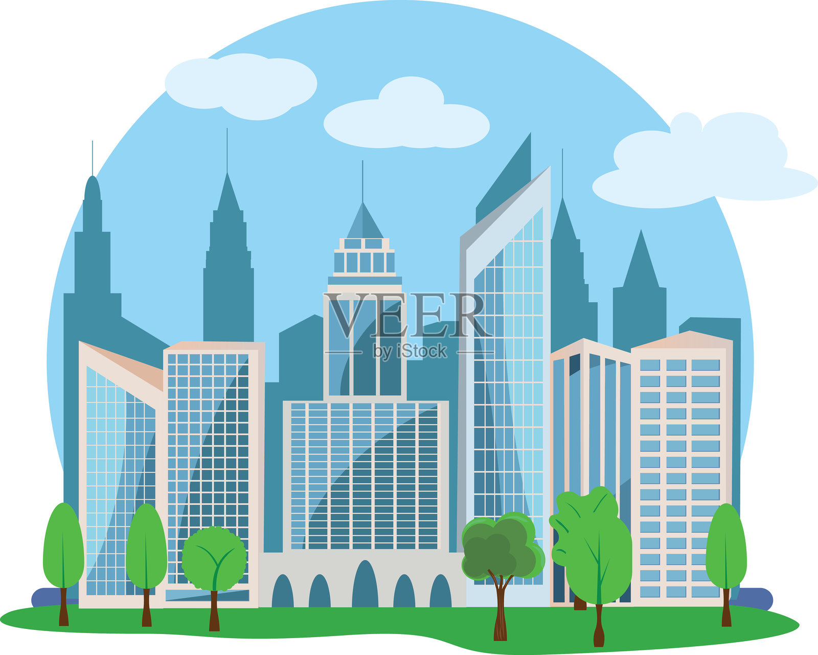 现代城市建筑设计，扁平卡通元素插画图片素材