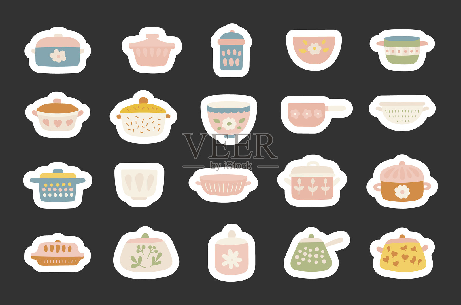 手绘厨房用具和餐具套装，设计用于温馨的家庭烹饪项目，融入斯堪的纳维亚室内风格元素，适合您的插图和创意设计。插画图片素材