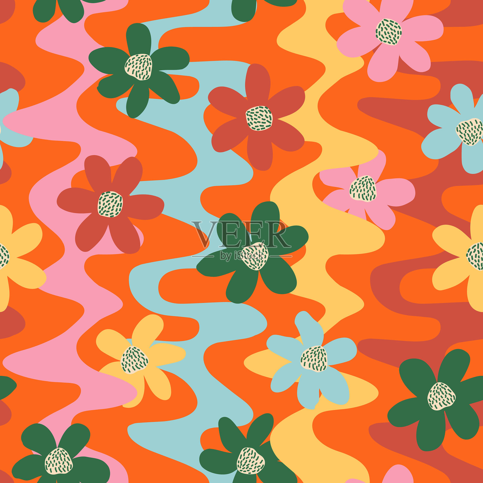 抽象波浪条纹的花卉图案。适用于面料、纺织品、服装、封面、海报、横幅、包装、壁纸和室内装饰的时尚花卉背景。矢量插图。插画图片素材