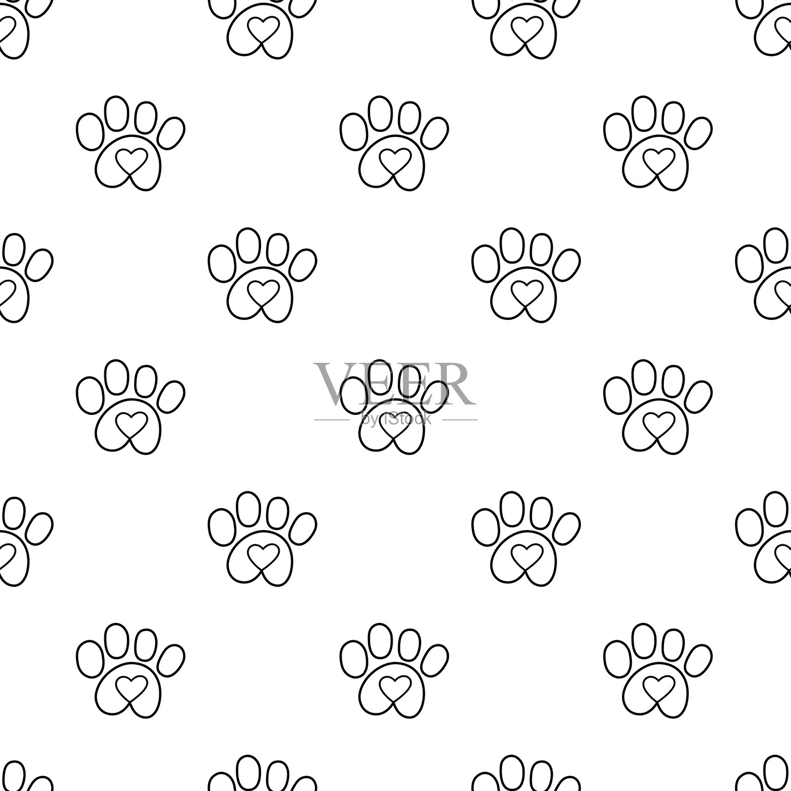 无缝图案。心形轮廓的狗爪。插画图片素材