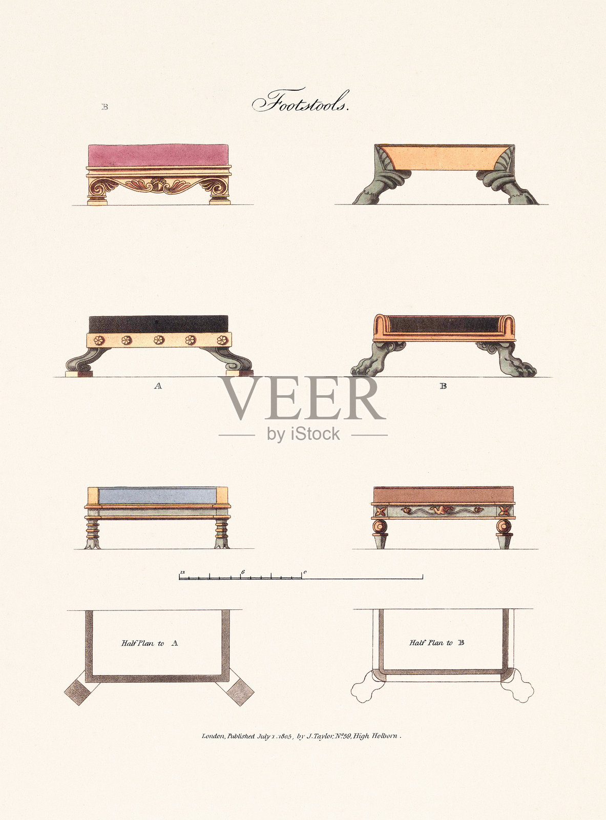脚凳设计。19世纪的英国古典室内设计插画图片素材