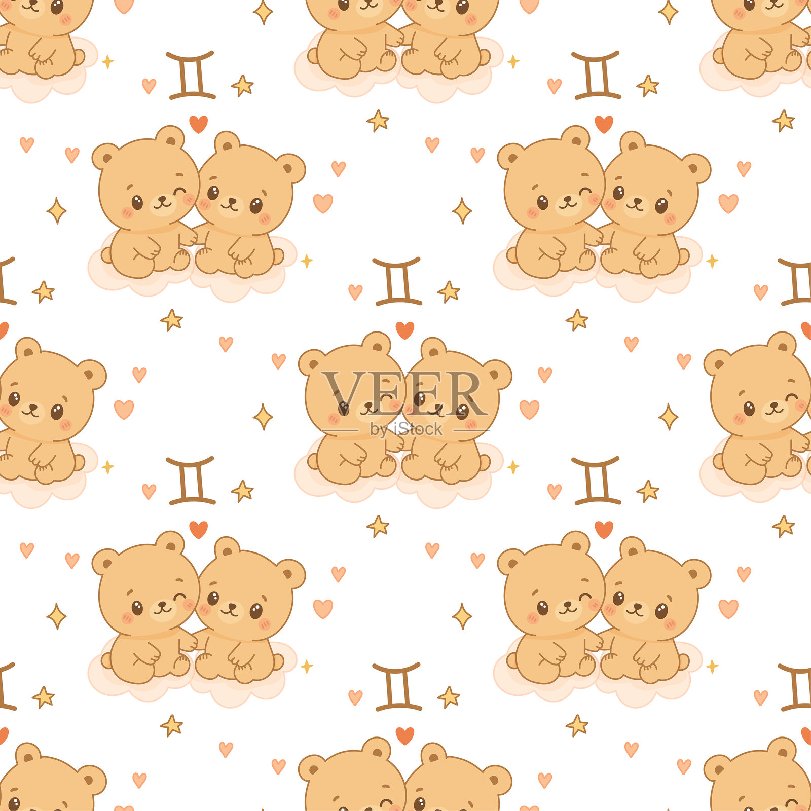 双子座星座图案，可爱的卡通双胞胎熊插画图片素材