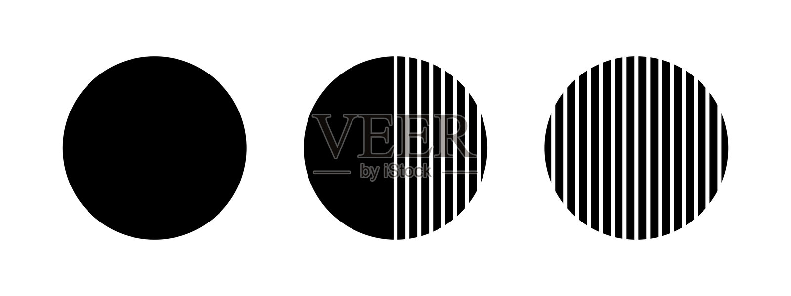 黑色的圆形，半条纹和条纹圆圈。条纹太阳形状。极简设计的圆形元素，独立于白色背景。矢量图形插图。插画图片素材