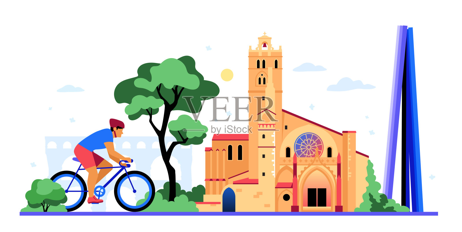 前往法国 - 色彩丰富的扁平设计风格插图插画图片素材