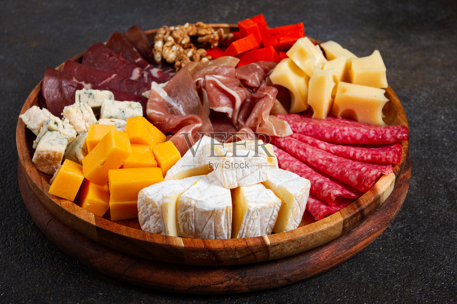 各种奶酪和肉类切块，放在盘子上，俯视图，无人。照片摄影图片