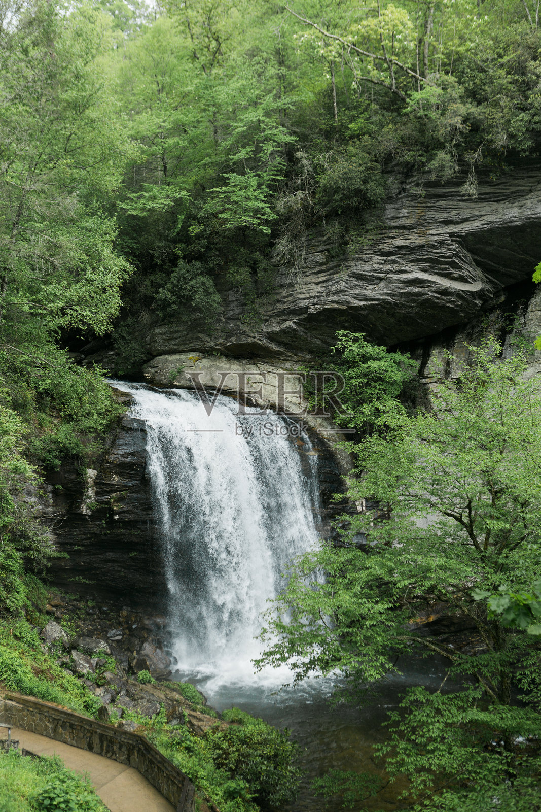 北卡罗来纳州镜子瀑布的郁郁葱葱森林中的瀑布飞流而下照片摄影图片