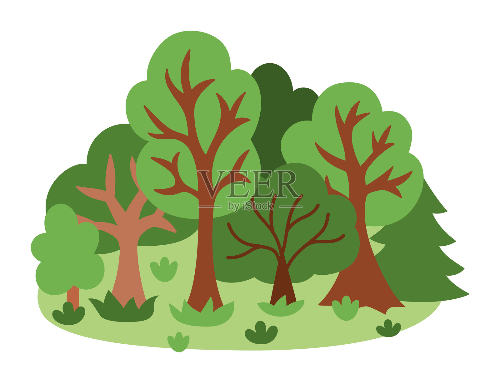 矢量森林风景。包含树木、花朵和灌木的插图。生态或户外露营插图。可爱的林地场景，充满植物。插画图片素材