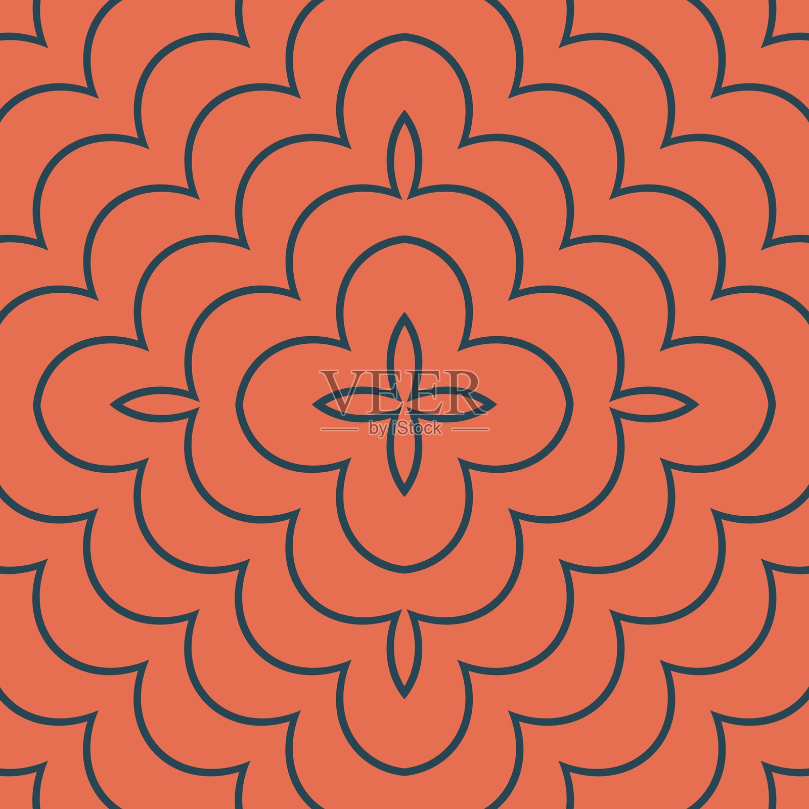 无缝花卉图案，红色背景，蓝色线条，方形插画图片素材