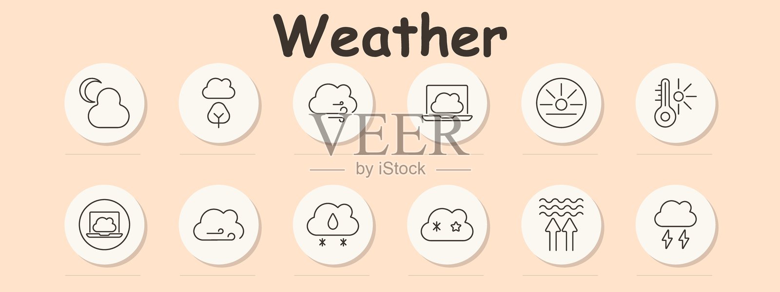 天气图标集合。夜间云彩、刮风、笔记本电脑天气、太阳、温度计、暴风雨、星星、雨雪、波浪风、雷电暴风。插画图片素材