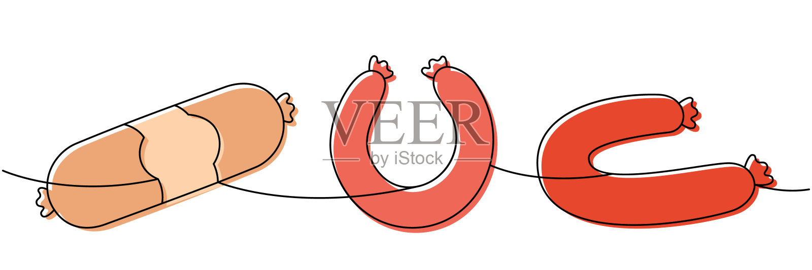 医生香肠、法兰克福香肠、圆形香肠的彩色连续线条绘图。肉类产品。矢量插图。插画图片素材