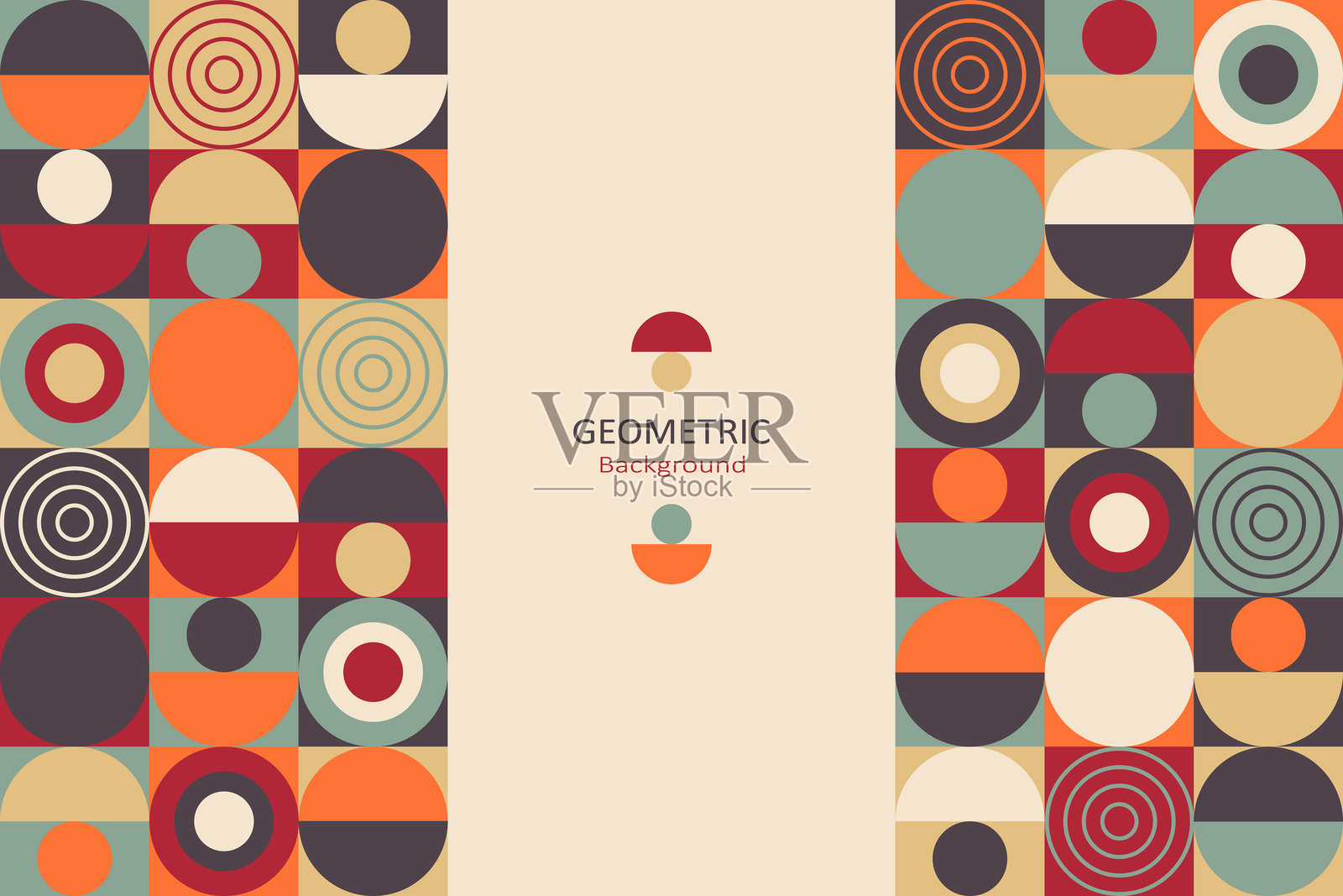 现代几何背景，带有复古风格的圆形图案作为边框，中间是简约的米色空间，适合创意设计布局的文本。插画图片素材