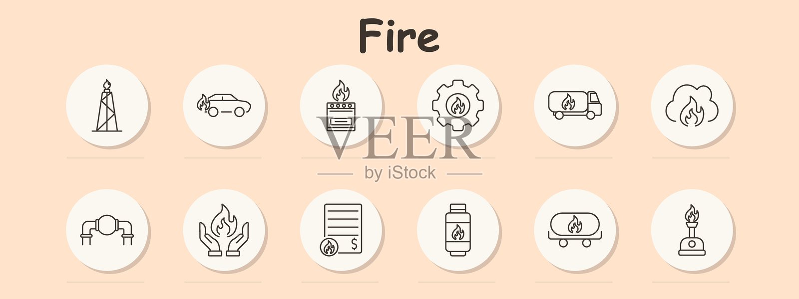 火灾图标。燃烧的汽车、着火的炉子、带火焰的齿轮、卡车、火焰云、手、油箱、燃烧的收据、预防、燃气系统、卡车安全、能源危害、消防保护插画图片素材