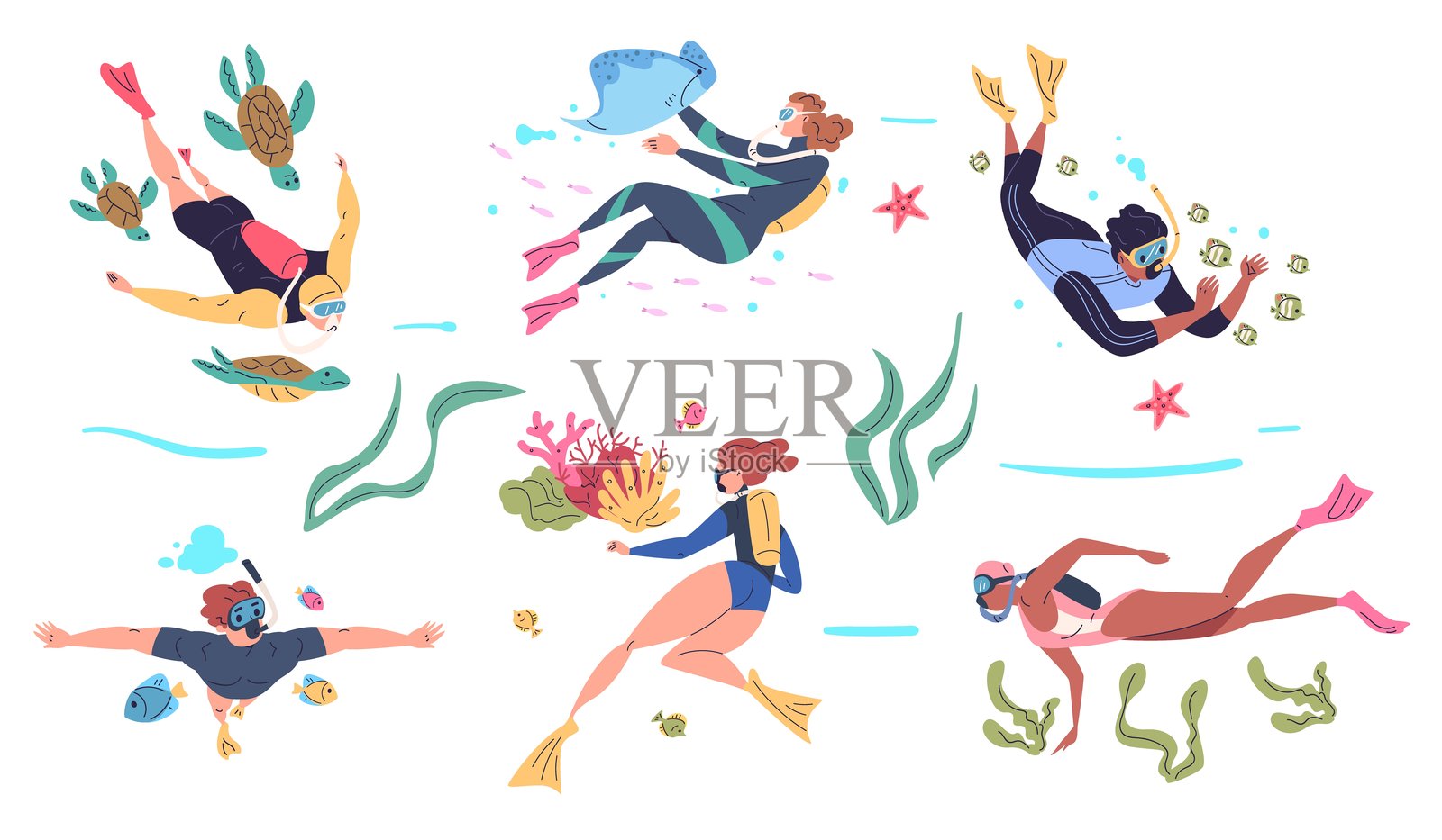 潜水员在海洋中潜水。男女潜水者在水下游泳，探索珊瑚礁，穿着潜水服，使用潜水设备，优雅的矢量插图。插画图片素材