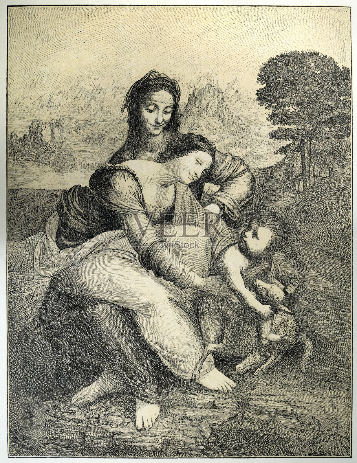 列奥纳多·达·芬奇，文艺复兴艺术，圣安娜，圣母玛利亚与抱着小羊的耶稣婴儿插画图片素材