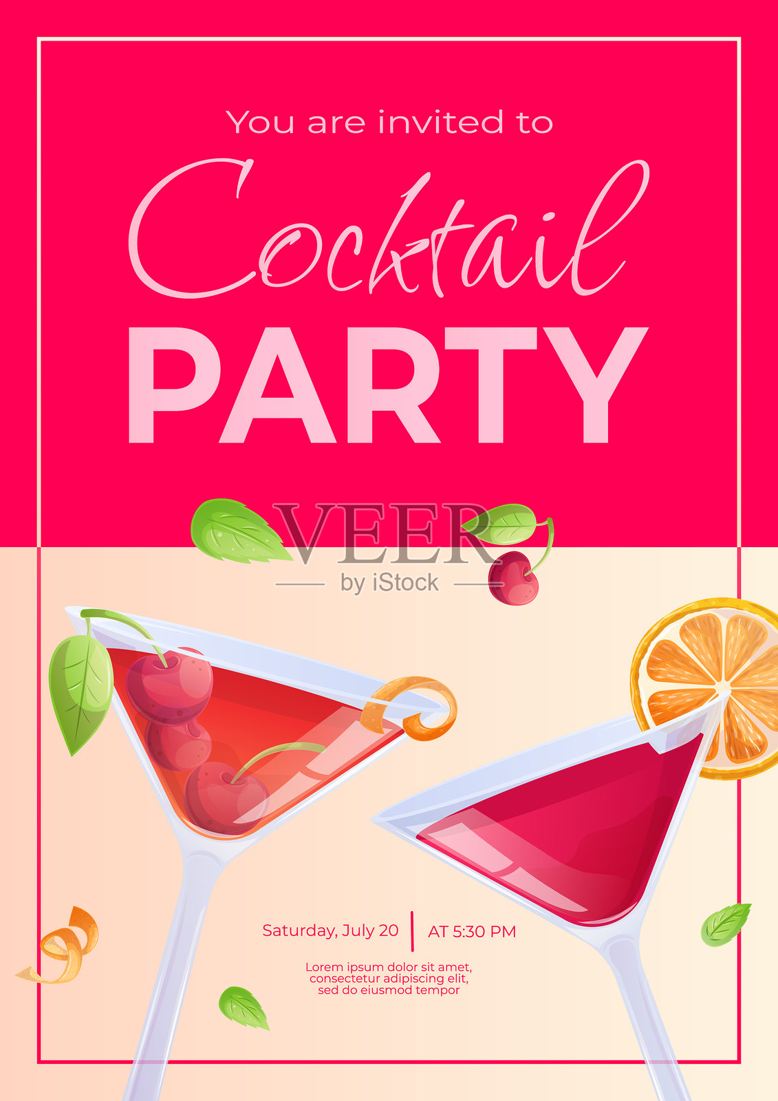 鸡尾酒派对邀请设计模板。宇宙鸡尾酒，曼哈顿，橙片，樱桃，果皮。派对、节日、生日的概念。插画图片素材