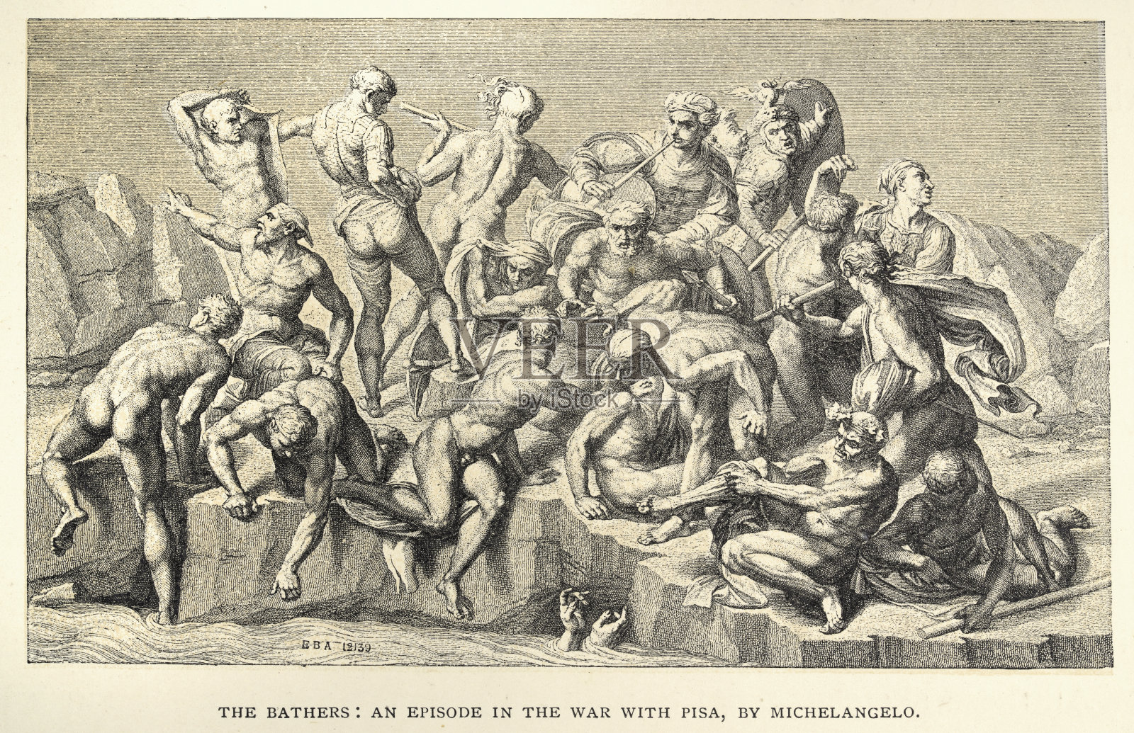 《浴者》，米开朗基罗，皮萨战争中的一幕，文艺复兴艺术插画图片素材