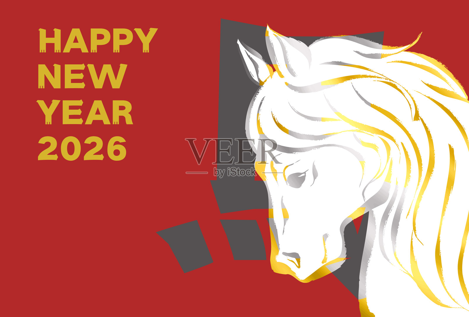 2026年马年新年图形素材，金色毛笔画马插图_横向插画图片素材