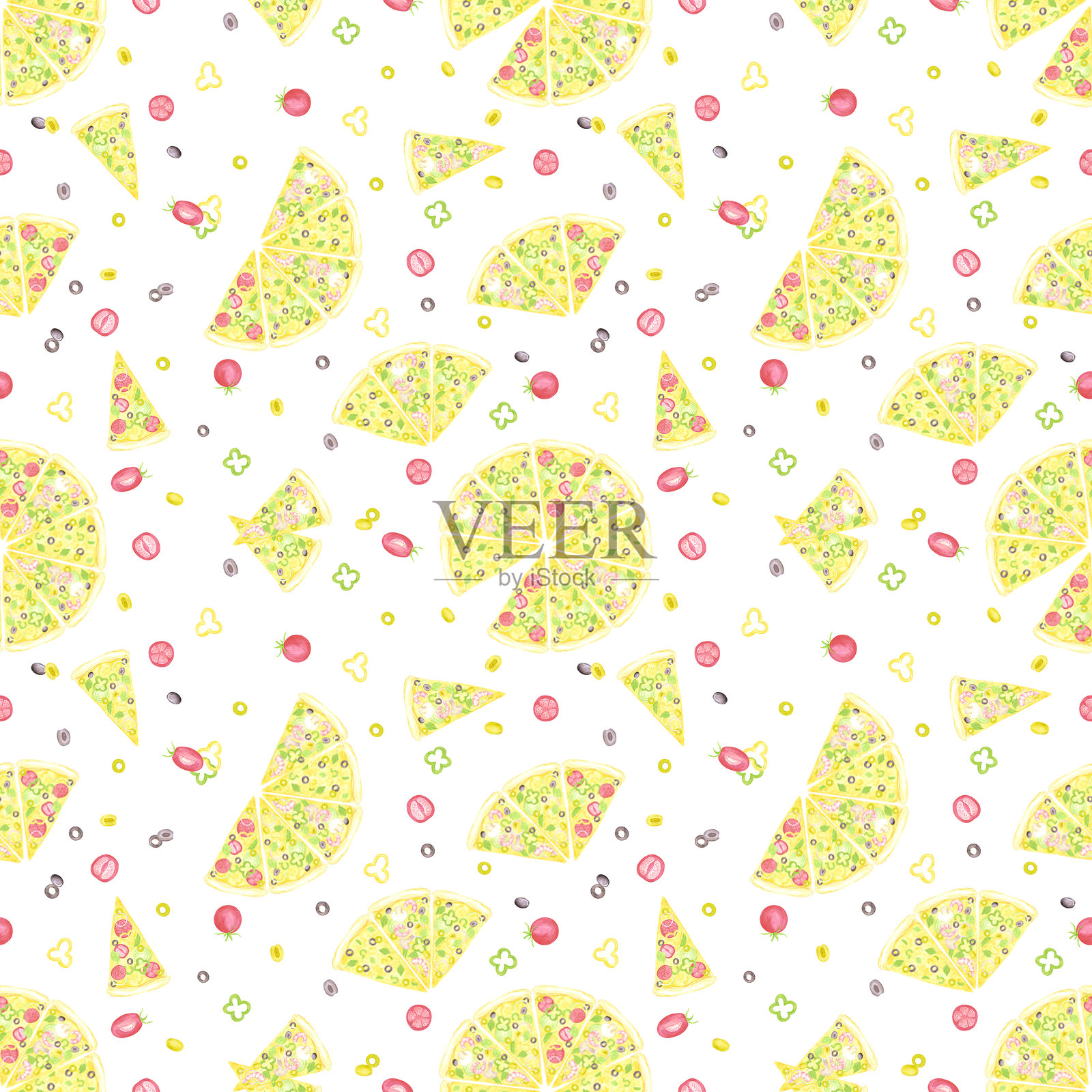 手绘水彩披萨和蔬菜无缝图案。切好的披萨片插图，背景为白色。可用于纺织品、布料、剪贴簿及其他印刷产品。插画图片素材