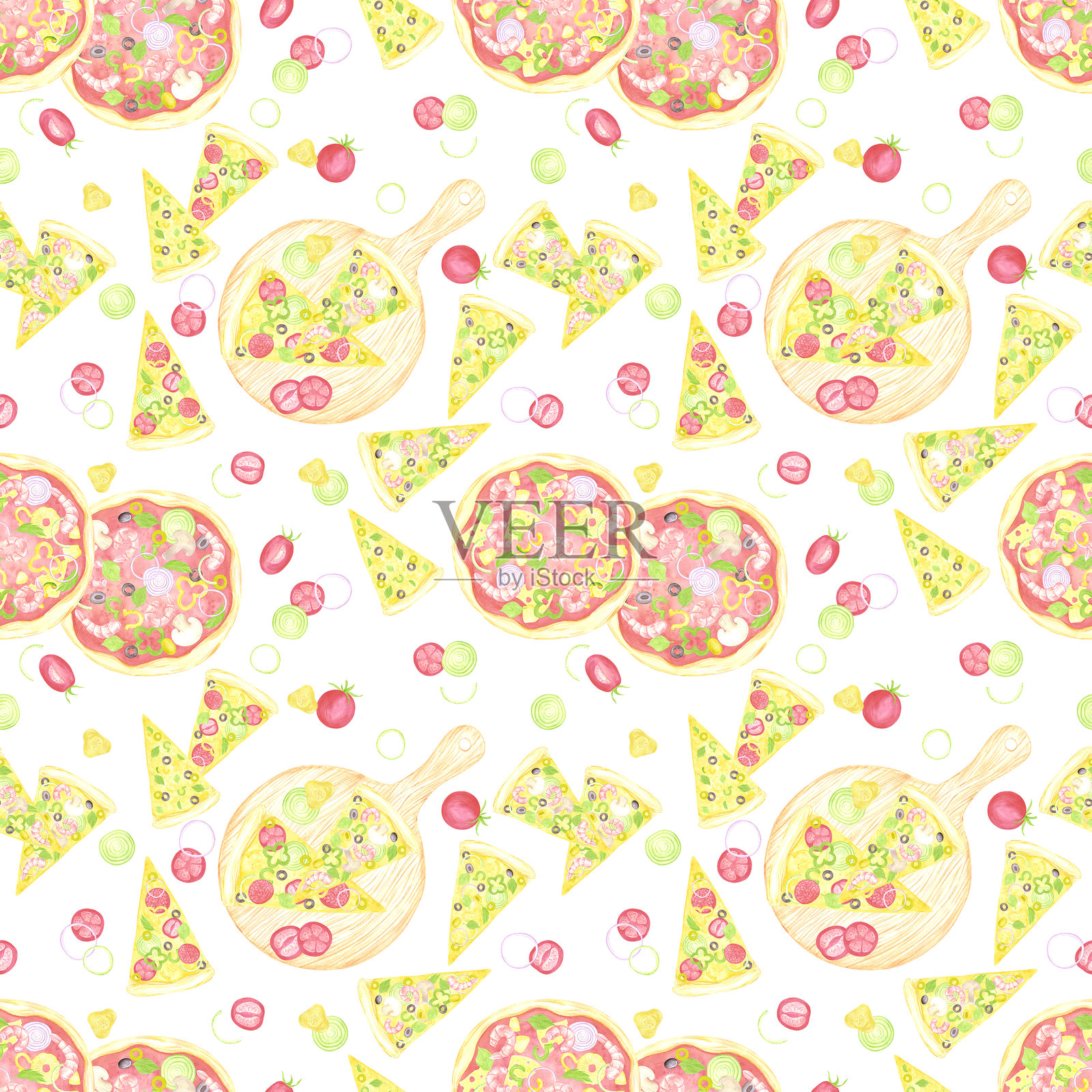 手绘水彩奶酪和番茄披萨切片在木质砧板上的无缝图案，背景为白色。可用于纺织品、布料、剪贴簿及其他印刷产品。插画图片素材
