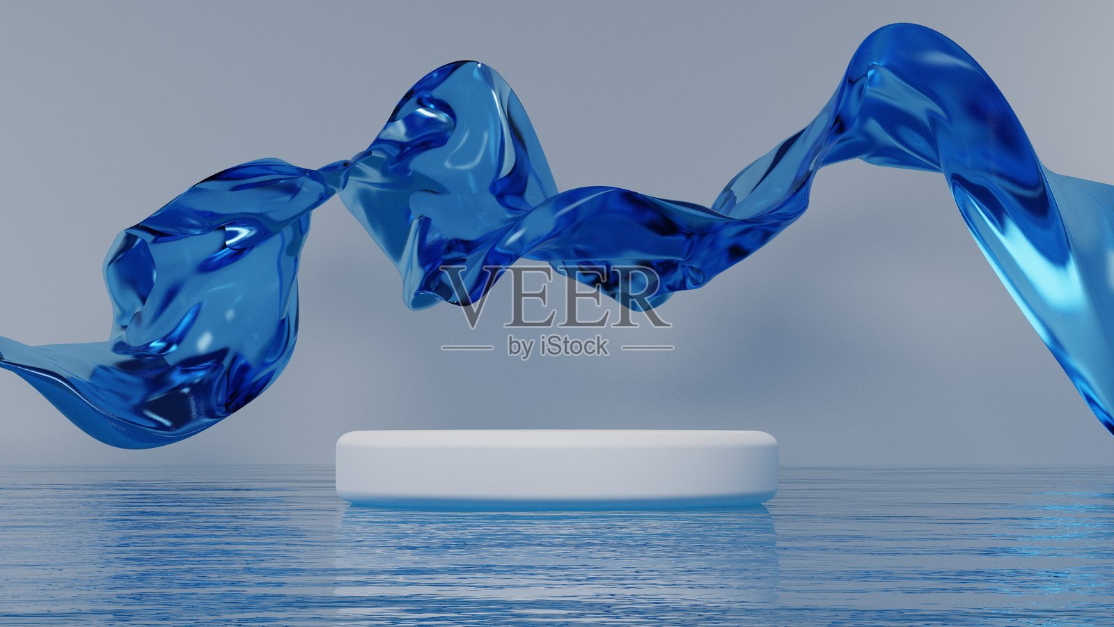 极简白色讲台上有渐变玻璃波浪带漂浮在水面上，蓝色彩虹色的抽象几何背景，现代产品展示平台模型照片摄影图片