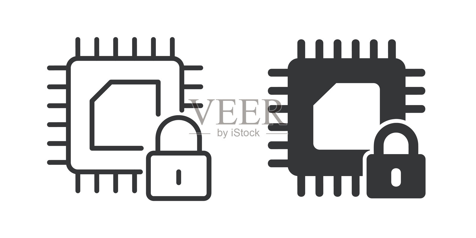 硬件安全薄线和图标实心图形。可编辑的线条和完美的像素，独立于透明背景。插画图片素材