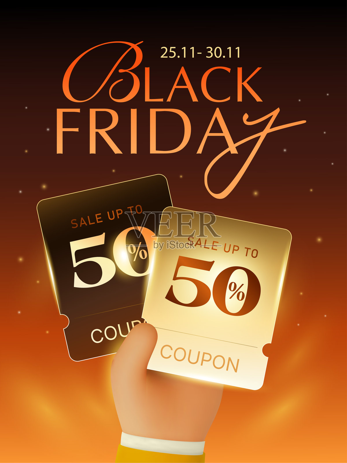 3D黑色星期五促销横幅模板，手持优惠券，孤立在渐变背景上。3D矢量黑色星期五礼品券。插画图片素材
