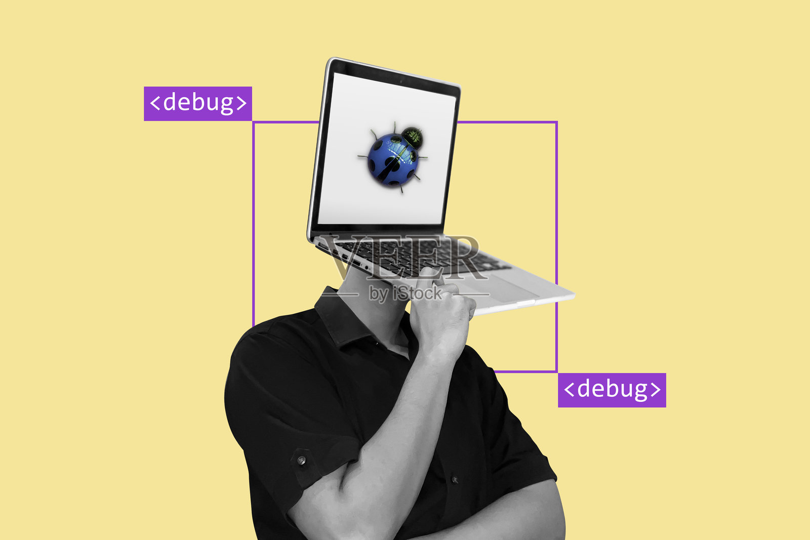 人头是笔记本电脑，显示错误图标，周围环绕着调试代码，科技错误概念，超现实设计。照片摄影图片