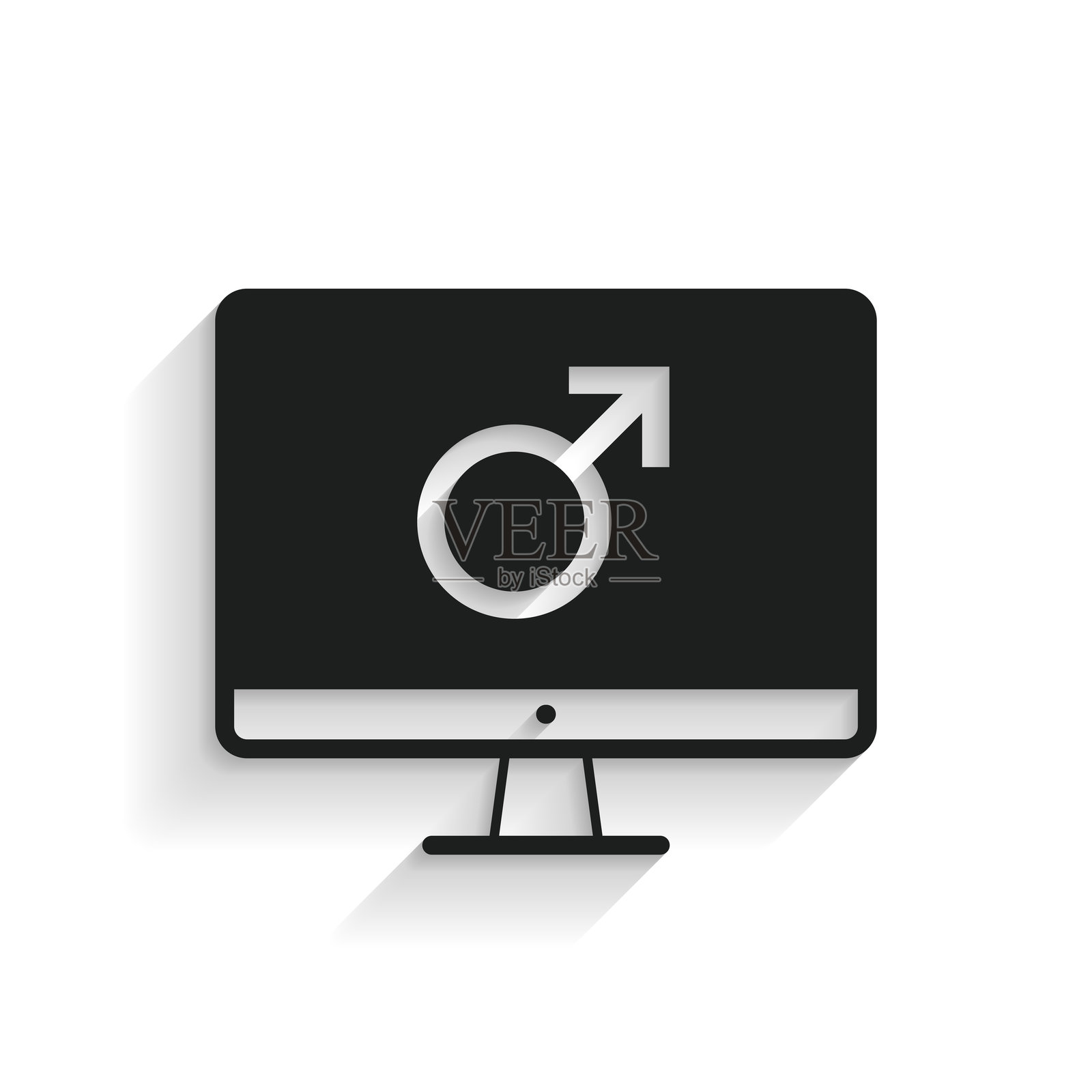 带有男性符号的台式电脑。白色背景上的长阴影图标插画图片素材