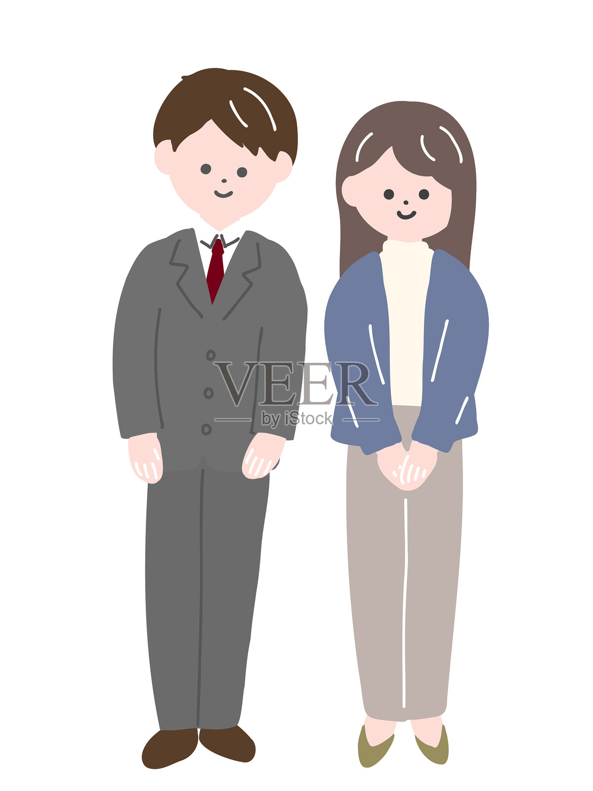 一名穿着西装的男士和一名穿着办公室休闲服的女士：手绘全身插图插画图片素材