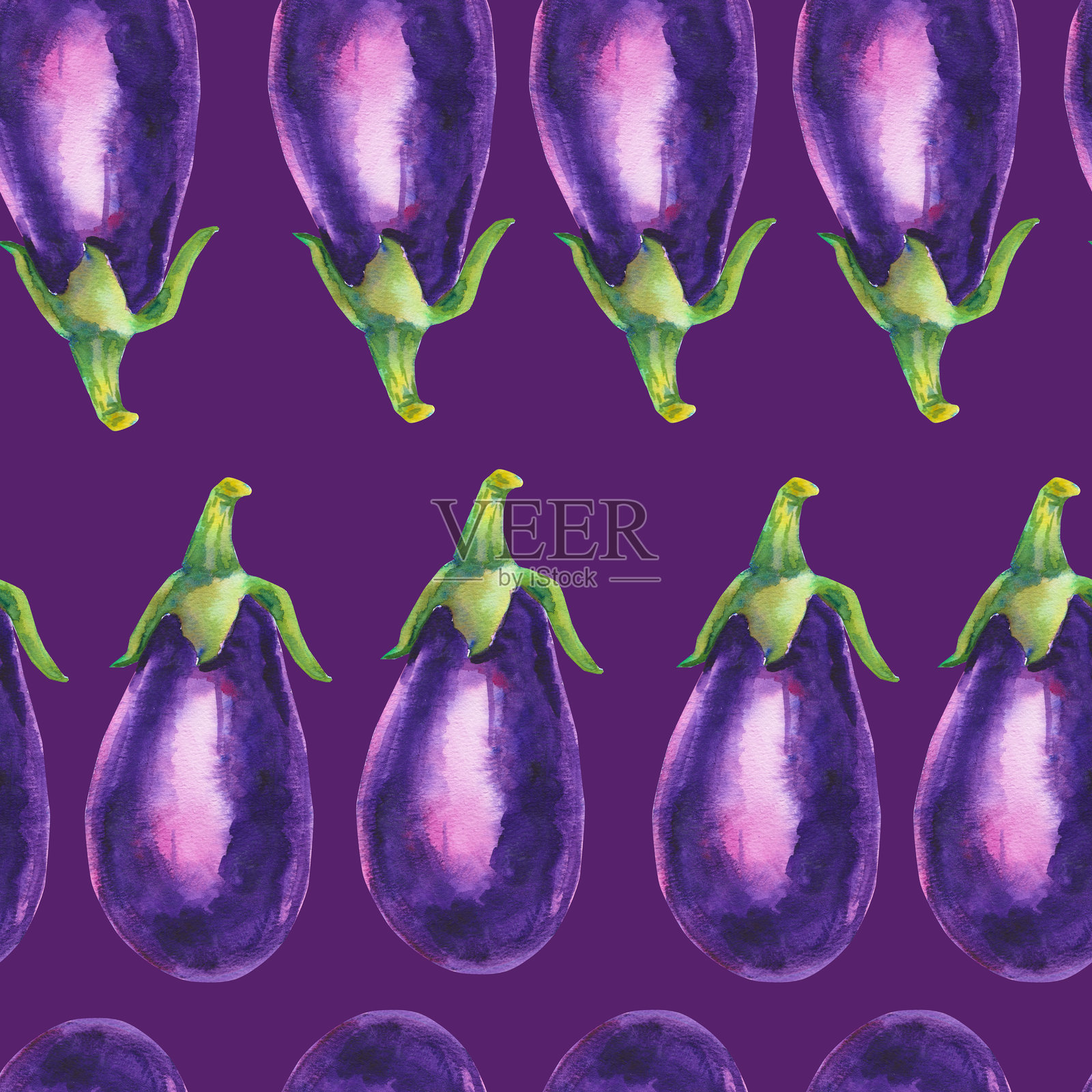 无缝水彩图案，紫色茄子或茄子的植物插图，背景为紫色。手绘装饰纹理，适用于烹饪、菜单、丰收节、纸张等食品成分。插画图片素材