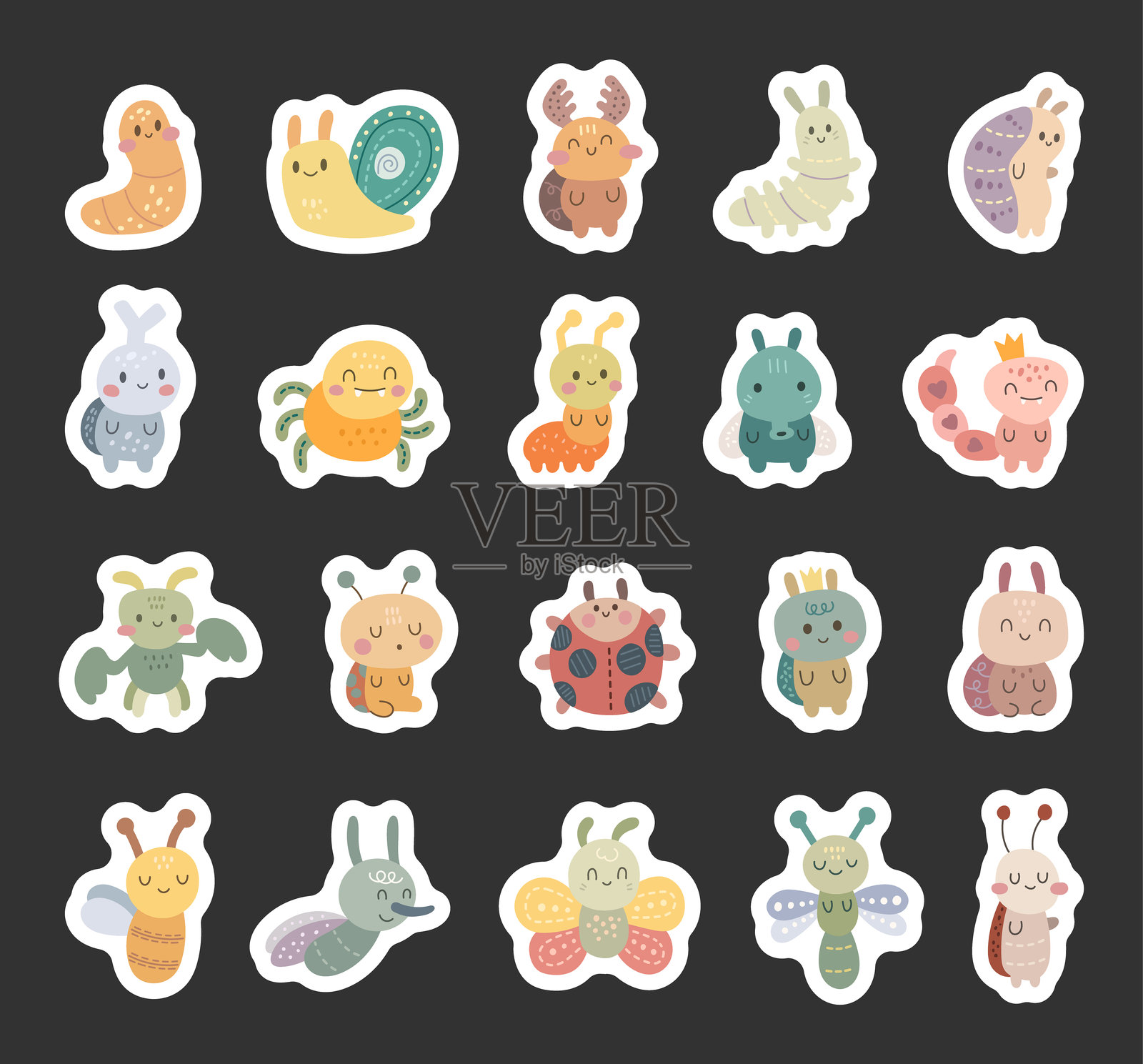 斯堪的纳维亚风格的动物昆虫角色，包括可爱的虫子、蜗牛、甲虫、蚂蚁、苍蝇、跳蚤、蜘蛛、蝎子、螳螂和蚊子，专为迷人的卡通插图而创作。插画图片素材