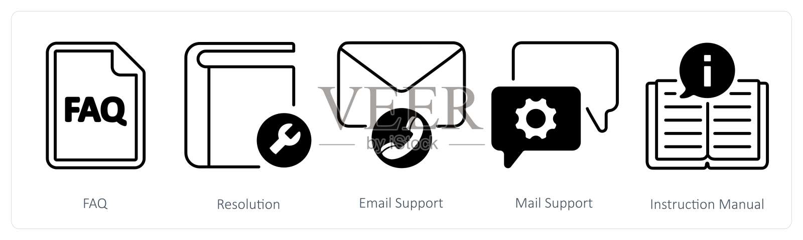 一组包含5个混合图标，代表常见问题、解决方案和电子邮件支持插画图片素材