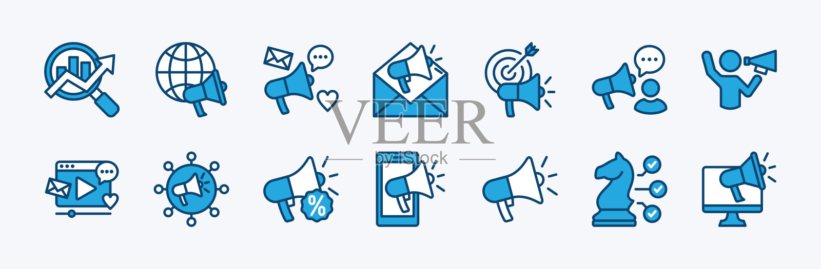 数字营销图标矢量集。包含SEO、社交媒体网络、网站、在线广告、内容、开发、互联网、电子邮件、策略、目标、应用、视频流、推广。插图插画图片素材