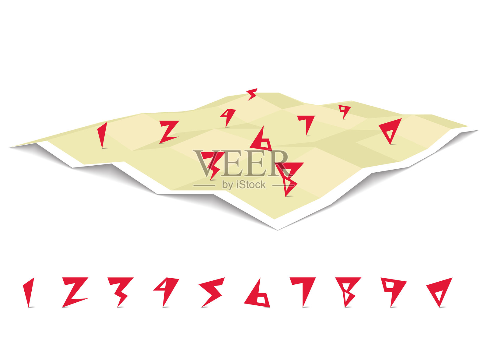 复古风格地图的概念插图，带有红色数字标记。可视化方向、策略、规划或进展。适用于演示或信息图表。插画图片素材