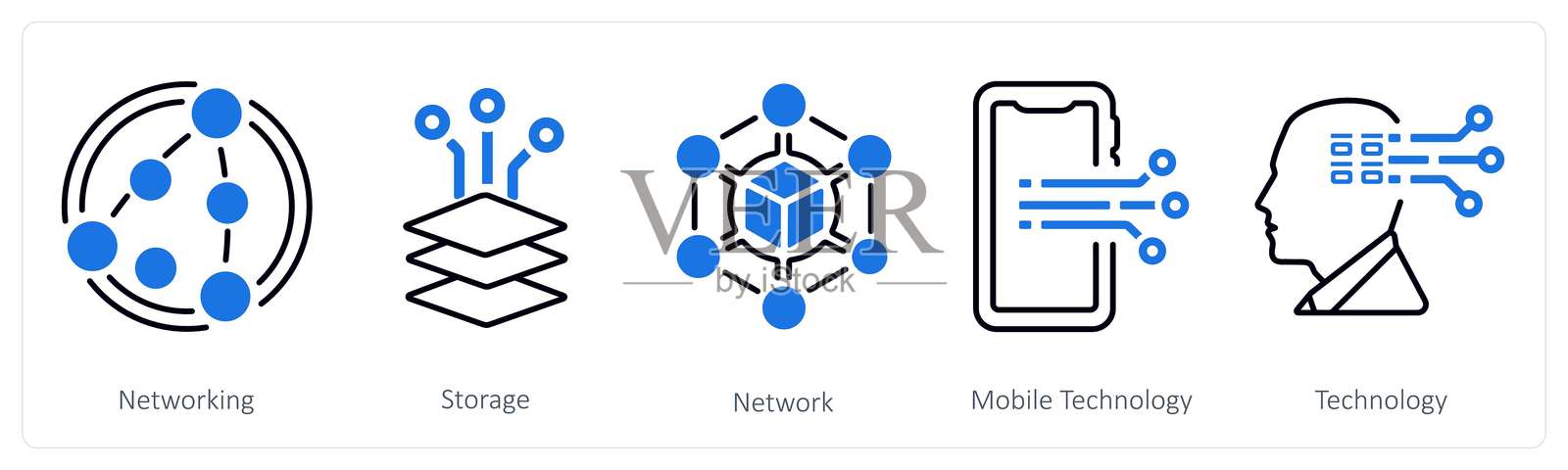 一组包含5个混合图标，主题为网络、存储和网络连接插画图片素材