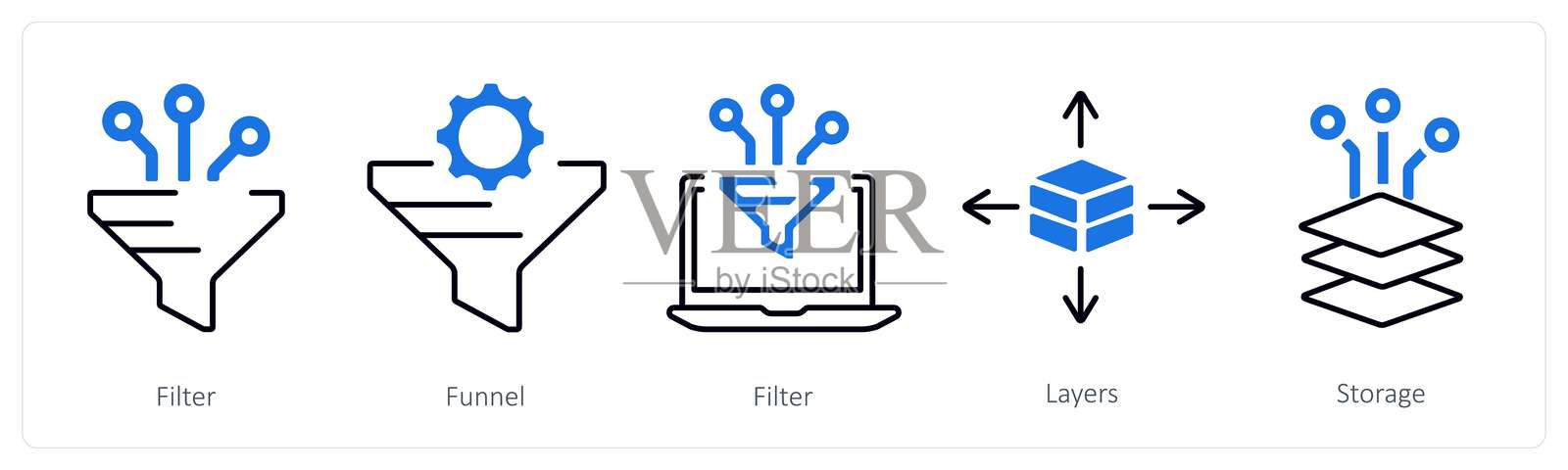 一组包含过滤器、漏斗和图层的5个混合图标插画图片素材