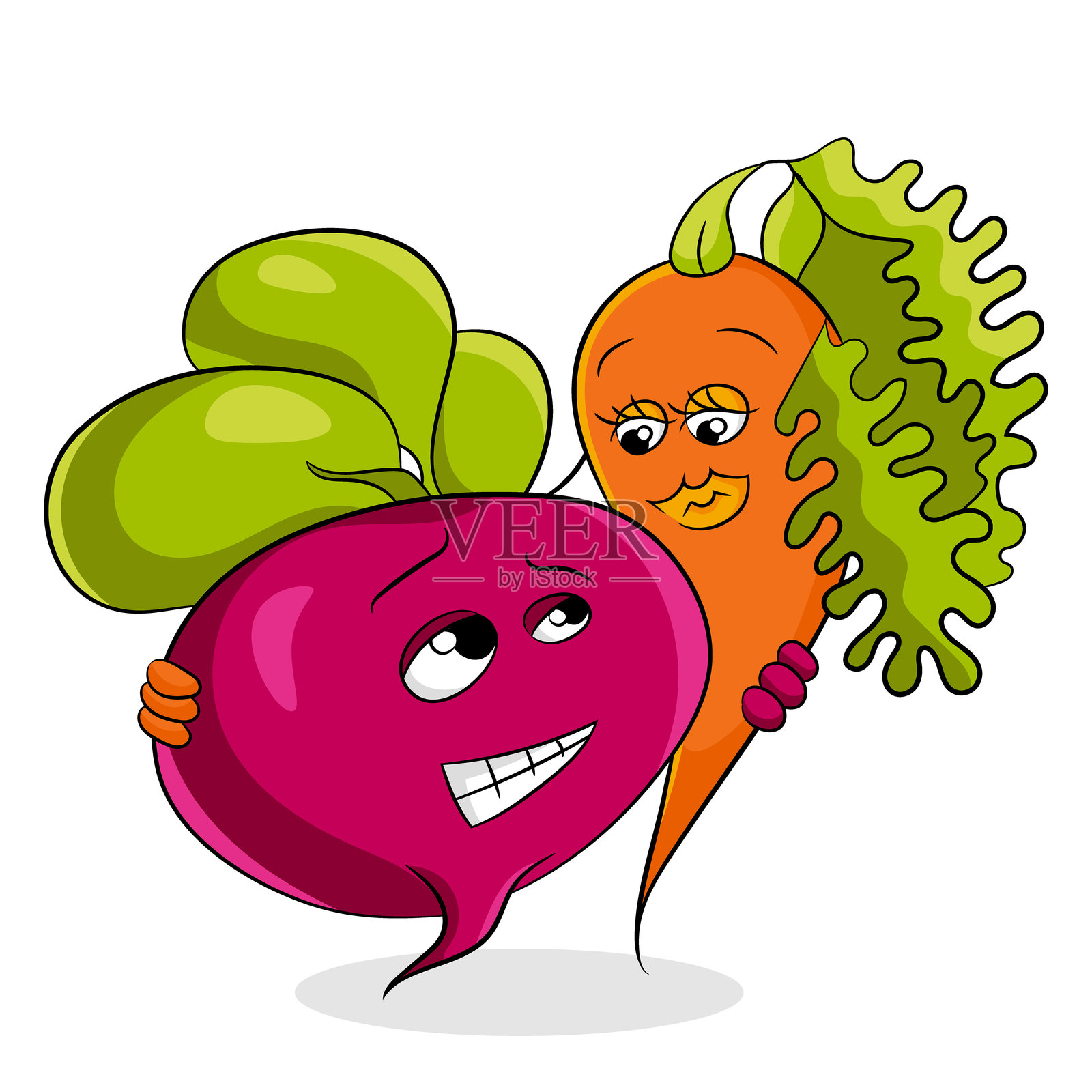 卡通蔬菜欢快地拥抱，体现了友谊和健康饮食。鲜艳的色彩和生动的表情非常适合儿童内容和营养教育。插画图片素材