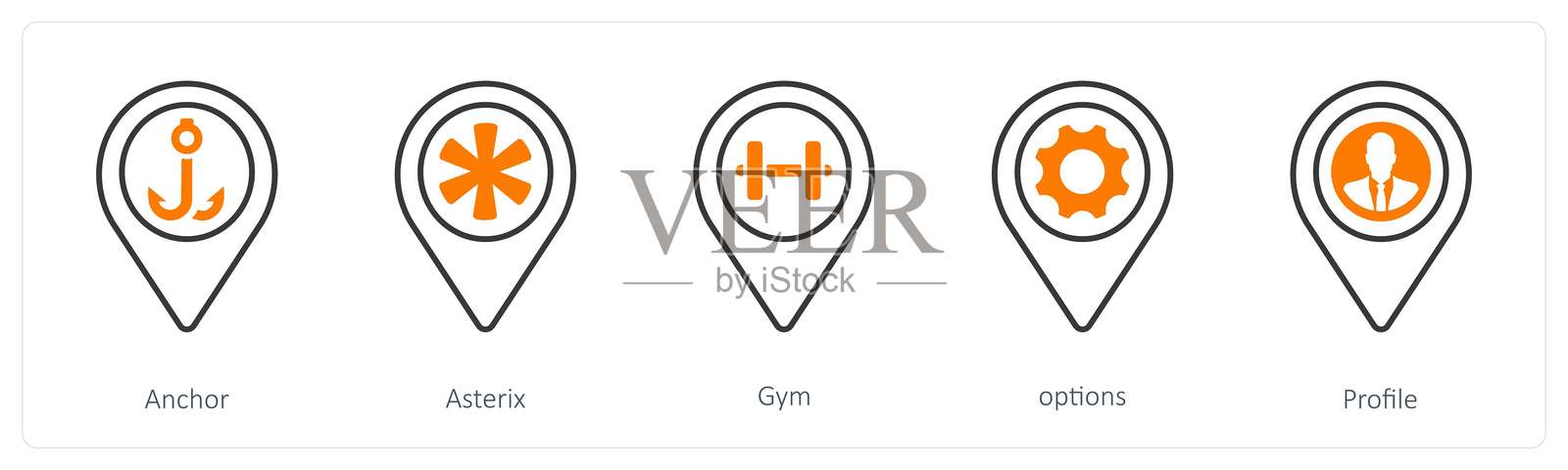 一组包含锚、星号和健身图标的五个混合图标插画图片素材