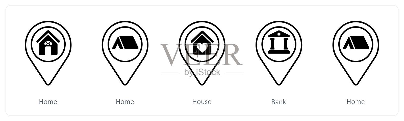 一组包含5个混合图标，如家、房子、银行插画图片素材