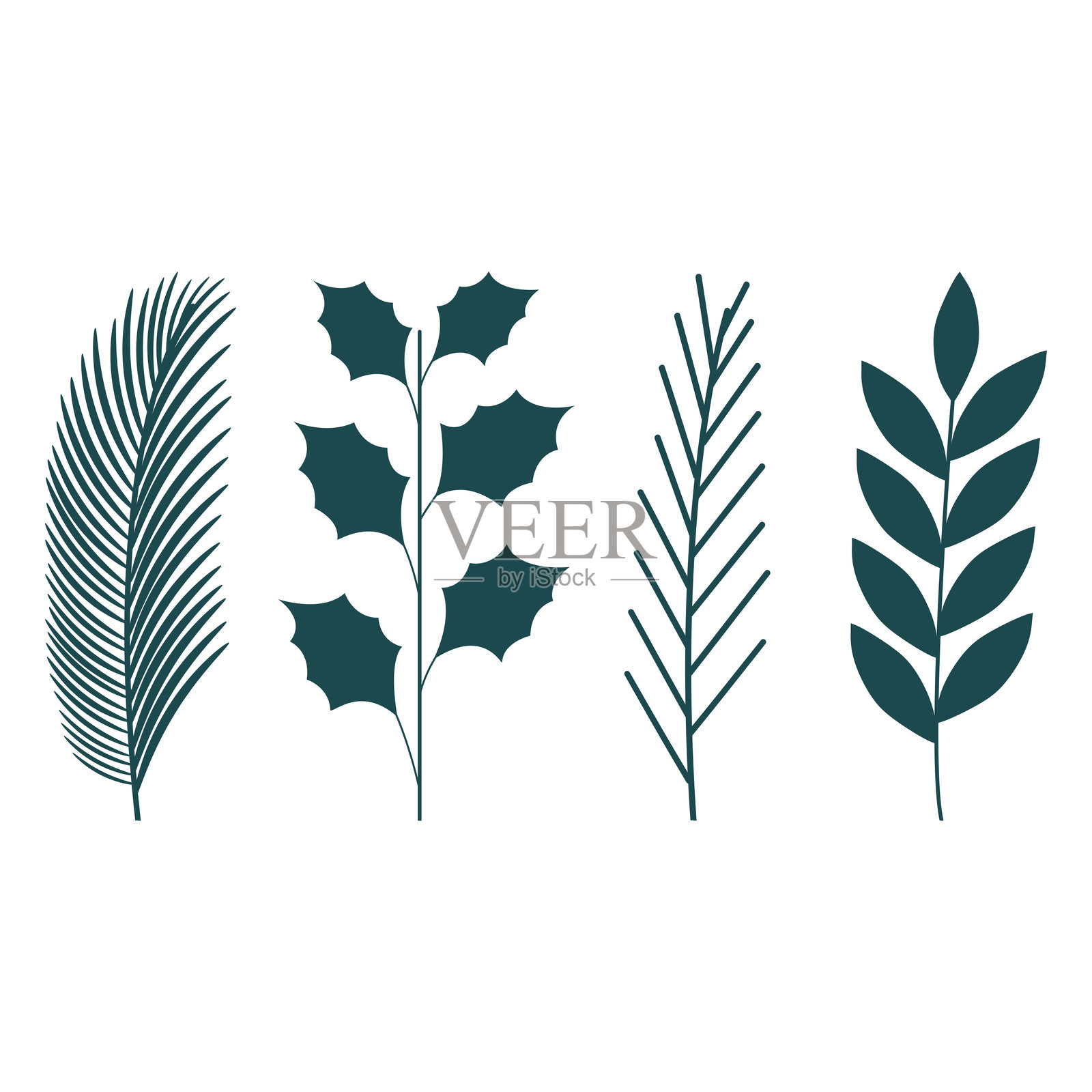 一组矢量风格的绿色叶子和枝条，背景为白色，采用简约的平面设计。插画图片素材